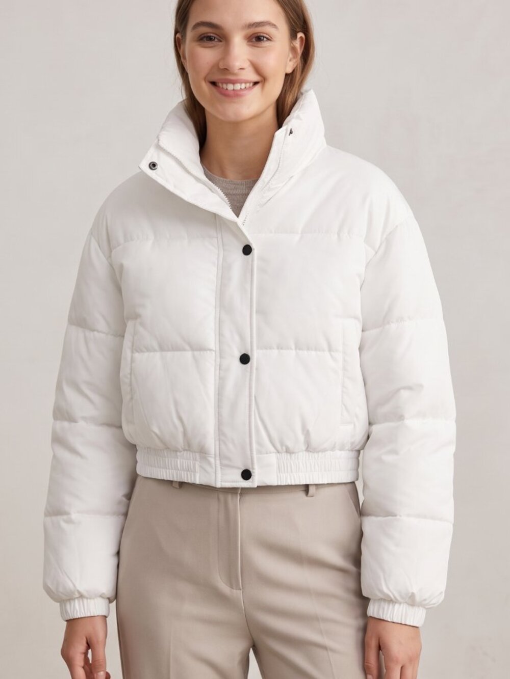 White Cropped Puffer Jacket Stand Collar Full Zip Outerwear Medium